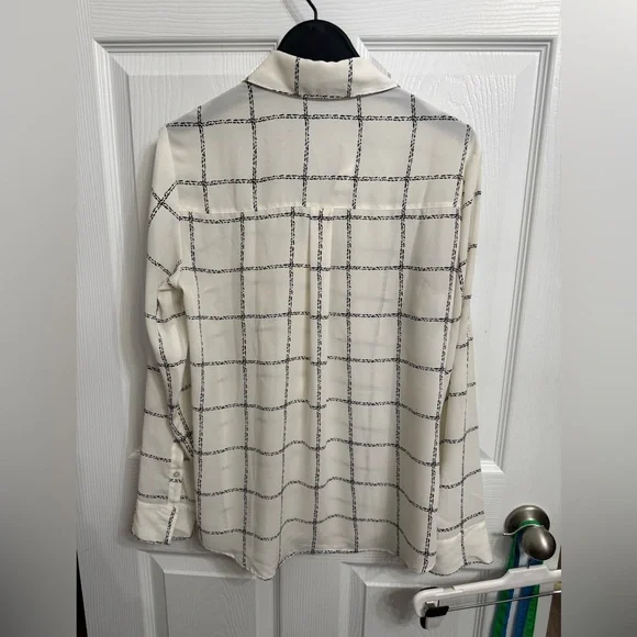 Express Portofino Ivory Black Windowpane Blouse M button up shirt semi sheer - Picture 5 of 7